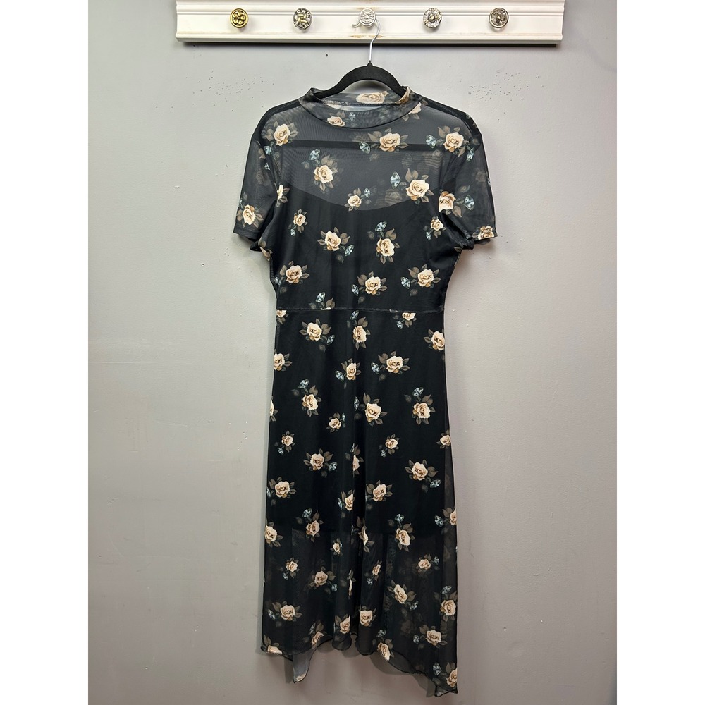 Black Mesh Floral Butterfly Mock Neck Midi Dress Short Sleeve‎ Womens Large/XL